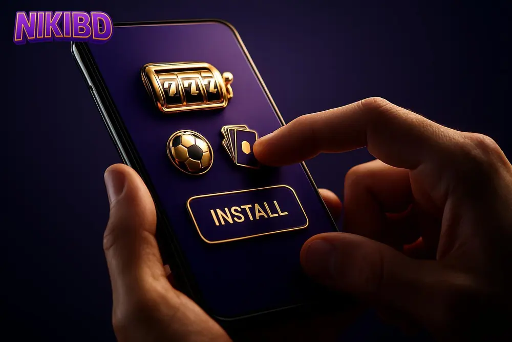 NIKIBD app download — a hand tapping an install button on a mobile betting app
