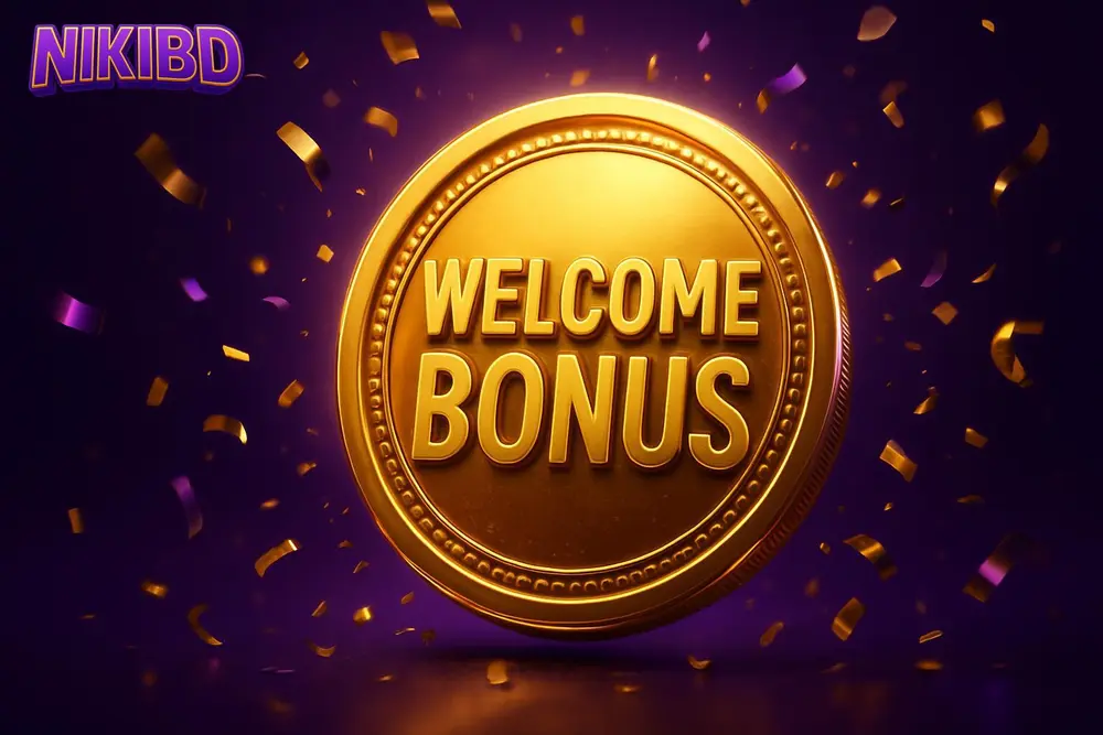 NIKIBD signup bonus — a giant glowing welcome-bonus coin burst with confetti